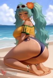 1girls 2d ai_generated aqua_hair ass barefoot big_ass big_breasts bikini bracelet brazilian_miku breasts dark-skinned_female earrings erophoenix eyewear_on_head feet female full_body grin hair_flower hair_ornament hatsune_miku huge_breasts jewelry kneeling long_hair looking_at_viewer looking_back nail_polish patreon_username shorts smile soles solo solo_female sunglasses swimsuit tan tellow_shirt thick thick_thighs toes uncensored vocaloid