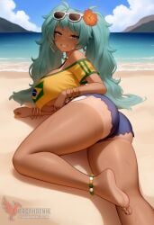 1girls 2d ai_generated aqua_hair ass barefoot big_ass big_breasts bikini bracelet brazilian_miku breasts dark-skinned_female earrings erophoenix eyewear_on_head feet female full_body grin hair_flower hair_ornament hatsune_miku huge_breasts jewelry kneeling long_hair looking_at_viewer looking_back nail_polish patreon_username shorts smile soles solo solo_female sunglasses swimsuit tan tellow_shirt thick thick_thighs toes uncensored vocaloid