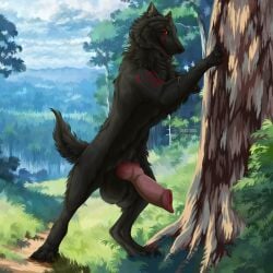 1:1 2024 animal_genitalia animal_penis artist_name balls big_balls big_penis black_body black_fur black_nose black_tail brown_claws canid canine canine_genitalia canine_penis cheek_tuft claws dated english_text erection facial_tuft feral fur genitals grass hi_res huge_balls huge_cock knot leg_tuft looking_at_viewer male mammal markings mouth_closed msdeadsoul multicolored_penis neck_tuft outside penis pink_penis plant red_eyes red_markings red_penis shrub solo tail text tree tuft two_tone_penis