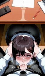1futa 1futa1girl ai_generated big_ass black_hair black_pants black_tie blowjob blush breasts chainsaw_man clothed_sex cum_in_mouth cum_on_face dress_shirt facial female futa_on_female futanari hairclip hands_on_another's_head head_grab higashiyama_kobeni indoors intersex makima_(chainsaw_man) office self_upload superdomfuta thiccwithaq_(ai_style) thick_thighs under_desk