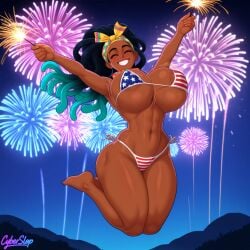 1girls ai_generated american_flag_bikini bikini_bottom bikini_top black_hair blue_hair breasts cyberslop dark-skinned_female dark_skin fireworks jumping kimberly_jackson large_breasts night night_sky solo solo_female street_fighter street_fighter_6 two_tone_hair watermark