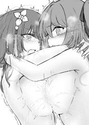 2girls absurdres arms_around_neck assault_lily blush breast_contest breast_press breasts catmito1412 commentary_request eye_contact face-to-face female flower from_side greyscale hair_flower hair_ornament hair_ribbon highres hug kuo_shenlin lactation large_breasts long_hair looking_at_another monochrome multiple_girls nude one_side_up open_mouth paid_reward_available parted_lips profile ribbon saliva simple_background swimsuit symmetrical_docking tassel tassel_hair_ornament tearing_up trembling upper_body v-shaped_eyebrows wang_yujia white_background yuri