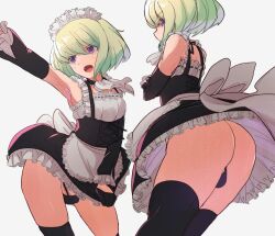 1boy androgynous ass big_ass bob_cut bulge crossdressing embarrassed femboy kyatama_land lio_fotia maid_dress maid_headdress maid_outfit maid_uniform male promare short_hair solo stockings thighhighs twink upskirt