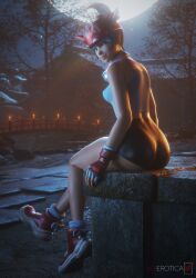 1girls 2025 3d 3d_(artwork) asian asian_female ass big_ass blender blizzard_entertainment bubble_ass bubble_butt detailed_background dolphin_shorts face_markings facial_markings female female_focus female_only headband headphones headwear hi_res highres japanese japanese_female kiriko_(overwatch) kiriko_kamori looking_at_viewer looking_back overwatch pose posing shirt shorts showing_off sitting sunlight sunset tank_top thick_ass thick_thighs vgerotica watermark