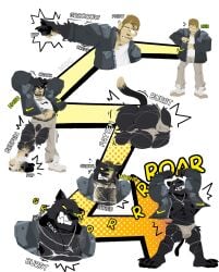 absurd_res anthro ass big_muscles black_body black_fur boss_koji_(fortnite) breasts clothing epic_games fortnite fur growth hi_res human human_to_anthro identity_death male mammal mdcackle muscular muscular_anthro muscular_male nipples pecs sequence solo species_transformation text transformation transformation_sequence weight_gain
