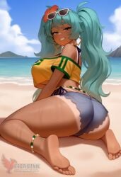 1girls 2d ai_generated aqua_hair ass barefoot big_ass big_breasts bikini bracelet brazilian_miku breasts dark-skinned_female earrings erophoenix eyewear_on_head feet female full_body grin hair_flower hair_ornament hatsune_miku huge_breasts jewelry kneeling long_hair looking_at_viewer looking_back nail_polish patreon_username shorts smile soles solo solo_female sunglasses swimsuit tan tellow_shirt thick thick_thighs toes uncensored vocaloid