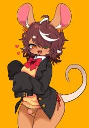 2021 absurd_res anthro balls bedroom_eyes blush bottomless bottomless_anthro bottomless_male bow_tie brown_hair clothed clothing digital_drawing_(artwork) digital_media_(artwork) femboy flaccid foreskin fur genitals glans hair hair_covering_one_eye heart_symbol heterochromia hi_res highlights_(coloring) infekah inner_ear_fluff jacket long_sleeves looking_at_viewer male male_anthro mammal mouse murid murine narrowed_eyes open_clothing open_jacket open_mouth open_smile open_topwear partially_retracted_foreskin penis portrait rodent seductive shaded shirt simple_background small_penis smile solo standing tail tan_body tan_fur three-quarter_portrait tongue tongue_out topwear tuft undershirt