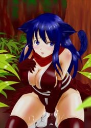 after_sex after_vaginal amimori animal_ears armored_boots assassin_cross_(ragnarok_online) blue_eyes blue_hair blush boots breasts brown_cape brown_gloves brown_leotard brown_thighhighs bush cape cat_ears cat_girl cat_tail cleavage comiket_79 commentary_request cover cover_page covered_nipples cum cum_in_clothes cum_in_pussy cum_through_clothes cumdrip_through_clothes doujin_cover ears_down elbow_gloves female forest full_body gloves kneeling large_breasts leotard long_hair looking_at_viewer nature open_mouth outdoors ragnarok_online red_scarf revealing_clothes scarf solo tail thighhighs