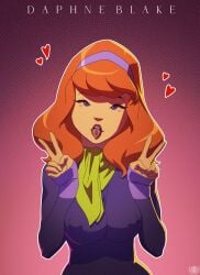 2d amaurymangaka daphne_blake erect_nipples female hanna-barbera nipple_bulge piercing red_hair scooby-doo tagme tongue tongue_out tongue_piercing v v_sign