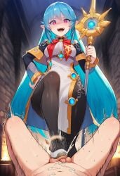 1girls ai_generated angel_sword_studios asari_mitsuha ballbusting balls balls_crushing blue_hair cbt cock_and_ball_torture cock_and_balls_torture crazy_eyes cum_on_self dungeon ejaculation female mage mage_staff male motion_lines penis red_eyes ruined_orgasm sadism small_penis small_penis_humiliation stomping_on_balls virtual_youtuber