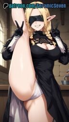 1girls 2d ai ai_generated anime anime_style black_blindfold blindfold blindfolded blonde_female blonde_hair blonde_hair blonde_hair_female braid braided_hair braided_twintails braids cleavage cosplay delicious_in_dungeon double_v double_v_sign dungeon_meshi elf elf_ears elf_female elf_girl female female_focus female_only leg_up light-skinned_female light_skin marcille_donato nier nier:_automata one_leg_up peace_sign pointy_ears presenting seramic_seven solo solo_female solo_focus thick thick_legs thick_thighs v_sign white_panties yorha_2b_(cosplay)