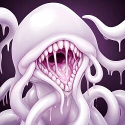1:1 2d ai_generated cum cum_drip cum_dripping cum_in_mouth cum_monster cum_slime cum_tentacle eyeless faceless faceless_character krostyx open_mouth pink_mouth pink_teeth pink_tongue seductive seductive_mouth simple_background slime slime_monster soft_teeth testicles tongue unknown_gender white_body white_skin