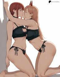 2girls ai_generated armpit_crease arms_up bangs bare_arms bare_shoulders barefoot black_choker blonde_hair braid breasts cat_lingerie chainsaw_man choker closed_eyes eyebrows_visible_through_hair hair_between_eyes hi_res high_quality high_resolution highres kissing kneeling legs lingerie lips long_hair makima_(chainsaw_man) medium_breasts midriff navel nose opal_nemy panties patreon patreon_logo patreon_username plain_background power_(chainsaw_man) red_hair self_upload shadow simple_background single_braid thighs watermark white_background yuri
