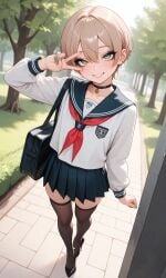 ai_generated blonde_hair choker crossdressing eyeshadow femboy girly green_eyes high_heels long_sleeves makeup male nail_polish original otoko_no_ko outdoors school_bag school_uniform serafuku short_hair smile stiletto_heels thighhighs v v_over_eye