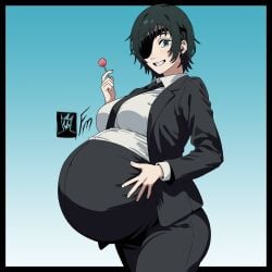1girls alternate_version_available belly big_belly big_breasts chainsaw_man collared_shirt commission cowboy_shot eyepatch female female_only fungus-man green_eyes grin hand_on_belly himeno_(chainsaw_man) large_breasts lollipop looking_at_viewer pregnant self_upload short_hair smile solo solo_female suit super_belly tagme thick_thighs tie wide_hips
