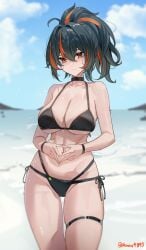 1girls 2d 2d_(artwork) alternate_costume beach beach_background big_breasts bikini bikini_bottom bikini_top black_bikini black_bikini_bottom black_bikini_top black_hair black_swimsuit black_thong black_thong_bikini breasts clouds covered_breasts day female female_focus female_only front_view high_resolution highres hoyoverse light-skinned_female light_skin looking_at_viewer maanu mihoyo mihoyo_technology_(shanghai)_co._ltd. ocean orange_eyes outdoors ponytail red_hair sand sky slim_girl solo solo_female solo_focus standing summer swimsuit two_piece_swimsuit voluptuous voluptuous_female water young younger_female zenless_zone_zero zhu_yuan