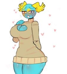 1girls artist_request big_ass big_breasts blush countryhumans countryhumans_girl cute_style cyan_eyes female heart heart_on_chest hearts_around_body hearts_around_head kak0yt0_chel_edit kak0yt0_chel_style kazakhstan_(countryhumans) looking_at_viewer no_dialogue no_text partially_clothed sweater tagme twitter white_background yellow_eyes