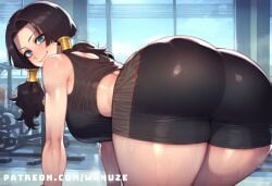 ai_generated all_fours big_ass big_breasts big_butt big_thighs black_hair blue_eyes blush dragon_ball huge_ass huge_breasts huge_butt huge_thighs sports_bra sportswear twintails videl wanuze wide_hips