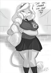 bovid bovine bovine cheerleader female greyscale horns mrs_bull nervous nervous_expression school_uniform schoolgirl shonuff tail teenager