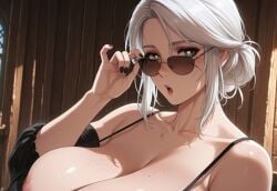 ai_generated big_breasts black_dress black_nails breasts cd_projekt_red ciri evilxam female freckles green_eyes heart_eyes light-skinned_female looking_at_viewer mascara nipples open_mouth scar solo solo_female sunglasses the_witcher_(series) the_witcher_3:_wild_hunt white_hair