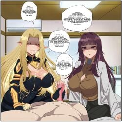 1boy 2girls alpha_(the_eminence_in_shadow) artificial_vagina blonde_hair bodysuit breasts clothed_female_nude_male comparing_penis cuckold cuckold_pov cuckolding dirty_talk elf elf_ears elf_female eta_(the_eminence_in_shadow) eyebrows_visible_through_hair furniture handjob handjob_w/sex_toy huge_breasts indoors light-skinned_female light-skinned_male light_skin male_pov ntryurian penis pointy_ears pov purple_eyes purple_hair room sex_toy shadow_(the_eminence_in_shadow) small_penis small_penis_humiliation the_eminence_in_shadow