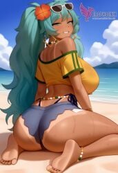 1girls 2d ai_generated aqua_hair ass barefoot big_ass big_breasts bikini bracelet brazilian_miku breasts dark-skinned_female earrings erophoenix eyewear_on_head feet female full_body grin hair_flower hair_ornament hatsune_miku huge_breasts jewelry kneeling long_hair looking_at_viewer looking_back nail_polish patreon_username shorts smile soles solo solo_female sunglasses swimsuit tan tellow_shirt thick thick_thighs toes uncensored vocaloid