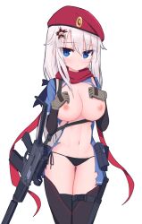 9a-91 9a-91_(girls'_frontline) areolae assault_rifle bikini black_bikini black_legwear blue_eyes breasts cleavage eyebrows_visible_through_hair female female girls'_frontline gloves gun jagd large_breasts looking_at_viewer navel nipples rifle solo swimsuit thighhighs weapon white_hair