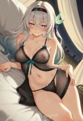almost_naked bare_shoulders bed bedroom breasts curvy curvy_figure embarrassed female female_focus female_only firefly_(honkai:_star_rail) honkai:_star_rail legs midriff navel nipples panties pink_hair renajin sexy thick_thighs thighs voluptuous voluptuous_female