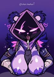 areola bear big_breasts blush bodily_fluids breast_play breasts clothed clothing cum dark-skinned_male digital_media_(artwork) epic_games erection eye_scar facial_scar fortnite fur genital_fluids genitals hi_res hood huge_breasts mammal nipples nude paizuri penis purple_body raven_team_leader scar sex shen_hokori simple_background titjob