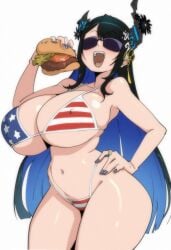 ai_generated america american_flag american_flag_bikini black_hair blue_hair broken_horn eating hair_ornament hamburger horn horns large_breasts nerissa_ravencroft omboope open_mouth open_mouth_smile self_upload sunglasses sunglasses_on_face two_tone_hair vtuber
