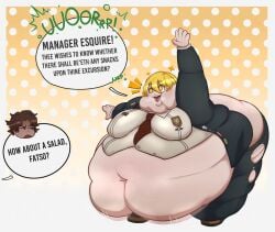 bbw burping don_quixote_(limbus_company) heathcliff_(limbus_company) limbus_company morbidly_obese_female obese overweight project_moon swissrolls weight_gain