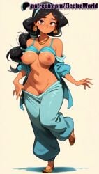 1girls 2025 ai_generated artist_name black_hair blush breasts breasts breasts brown_eyes bust chest clothes_pull dark-skinned_female dark_skin disney disney_channel disney_princess earrings electroworld exposed_nipples female gradient gradient_background hi_res high_quality high_resolution highres jewelry long_hair navel nipples nipples_outside no_panties pants patreon patreon_username princess_jasmine solo stable_diffusion watermark