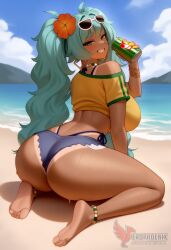 1girls 2d ai_generated aqua_hair ass barefoot big_ass big_breasts bikini bracelet brazilian_miku breasts dark-skinned_female earrings erophoenix eyewear_on_head feet female full_body grin hair_flower hair_ornament hatsune_miku huge_breasts jewelry kneeling long_hair looking_at_viewer looking_back nail_polish patreon_username shorts smile soles solo solo_female sunglasses swimsuit tan tellow_shirt thick thick_thighs toes uncensored vocaloid