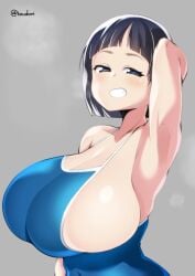 arm_up armpits black_eyes black_hair blue_swimsuit blush bob_cut breasts covered_navel female huge_breasts kirigaya_suguha looking_at_viewer one-piece_swimsuit parted_lips school_swimsuit shiny shiny_hair shiny_skin short_hair sideboob skindentation smile smug solo standing swimsuit sword_art_online teeth toudori