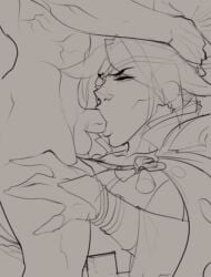 1boy 1girls baiken blowjob clothed_female_nude_male eyepatch female guilty_gear male muscular muscular_male nobuone nude_male_clothed_female oral_sex penis sketch