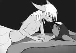 anonymous_character anthro bed bed_sheet bedding bedroom_eyes black_and_white blanket bodily_fluids breast_groping breasts dark_hair dominant dominant_female dragon duo eye_contact female female/female fur furniture furred_dragon giru_(artist) groping_breasts hair hand_on_breast looking_at_another lying monochrome myriam_(giru) narrowed_eyes nipples nude on_back on_bed open_mouth saliva saliva_string seductive small_breasts smile submissive submissive_female sweat white_hair