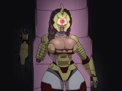 armor armored_female background braided_hair braided_ponytail breasts brown_hair child_bearing_hips cleavage clothing color curvy cyborg cyborg_girl diklonius female helmet hi_res huge_breasts invincible invincible_(tv_series) long_hair looking_at_viewer mature_female metalhead reanimated sketch superhero superheroine thick_thighs veins voluptuous war_woman wide_hips