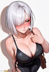 ai_generated artist_name bag bangs bare_shoulders black_dress blush breasts cleavage closed_mouth collarbone covered_navel dress female fiona_frost hair_over_one_eye handbag high_resolution highres large_breasts looking_away looking_to_the_side shadow short_hair simple_background solo spy_x_family stable_diffusion sweat waifuscans418 white_background white_hair