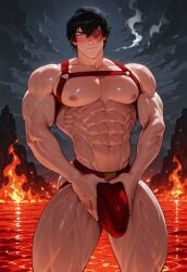 ai_generated avatar_the_last_airbender bara big_biceps big_pecs fire fire_nation harness jockstrap male male_focus male_only man_boobs muscles muscular_arms muscular_legs muscular_male muscular_thighs nickelodeon obliques revealing_clothes volcano zuko