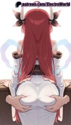 1girls 2025 ai_generated artist_name ass ass_grab bare_shoulders date_a_live deep_skin electroworld female grabbing_another's_ass groping hands_on_ass hi_res high_quality high_resolution highres horns itsuka_kotori long_hair off_shoulder patreon patreon_username red_hair solo_focus spread_ass stable_diffusion straight watermark