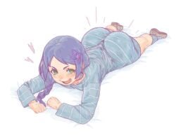 ass ass_focus big_ass bottom_heavy braided_hair green_eyes hairclip heart huge_ass laying_down laying_on_bed looking_at_viewer meili_portroute presenting purple_hair re:zero_kara_hajimeru_isekai_seikatsu ready_for_sex seductive seductive_look shortstack small_breasts smaller_female smile tight_clothing tight_dress white_background younger_female