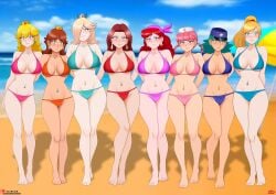 8girls aurastudio beach bikini captain_syrup female females hot mario_(series) metroid navel_piercing nintendo nurse_joy officer_jenny_(pokemon) pauline pokemon princess_daisy princess_peach princess_rosalina samus_aran sexy