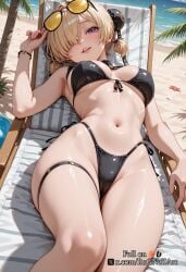 2025 ai_generated armpits bangs bare_shoulders beach bikini black_bikini blonde_hair blush breasts day double_bun eyewear_on_head female female female_focus hair_bun hair_over_one_eye highleg highleg_bikini hoyoverse lips looking_at_viewer low_twintails lying medium_breasts mihoyo navel nsfw on_back outdoors parted_lips purple_eyes rognezart sand shiny_skin short_hair short_twintails side-tie_bikini_bottom skindentation smile solo stomach sunglasses sweety_(zenless_zone_zero) swimsuit thigh_strap thighs twintails water zenless_zone_zero