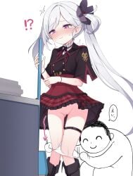 !? 1boy arrow_(symbol) assisted_exposure blue_archive blush broom cleft_of_venus closed_mouth cowboy_shot doodle_sensei_(blue_archive) female frilled_skirt frills furrowed_brow high-waist_skirt highres holding holding_broom long_hair male mutsuki_(blue_archive) nervous_smile pad_sex_cyclops panties panty_pull pervert pink_eyes pulling_another's_clothes pussy red_skirt school_uniform sensei_(blue_archive) side_ponytail simple_background skirt smile speech_bubble surprised teardrop tearing_up thigh_strap translation_request underwear white_background white_hair white_panties young
