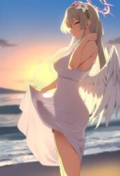 ai_generated angel_wings backlighting beach braid close-up cowboy_shot depth_of_field dress_lift erection erection_under_clothes female floating_hands flower_ornament from_side futanari gerumusi halo hand_in_hair light_smile long_dress looking_at_viewer medium_breasts nagisa_(blue_archive) ocean perspective shadow sideways_glance sleeveless_dress solo straight_hair sun testicles twilight uncensored white_dress white_hair wind yellow_eyes