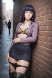 ai_generated alley alleyway black_boots black_fingernails black_panties dark_blue_skirt earrings female fishnet_bra hooker hyuuga_hinata leaning_on_wall naruto naruto_(series) naruto_shippuden prostitute prostitution purple_hair purple_jacket