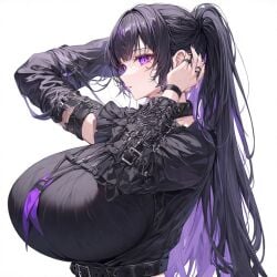 ai_generated bangs big_breasts black_clothing black_hair cleavage collar gigantic_breasts goth goth_girl hair_ornament huge_breasts massive_breasts original perchance_ai piercing purple_eyes self_upload short_hair side_view
