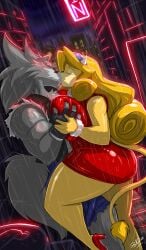 big_breasts blonde_hair curvy_figure female groping kissing male mature_female mrs._bull mrs_bull red_dress shonuff shonuff44 shred_(shonuff) thicc