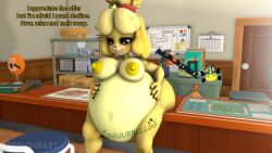 2021 animal_crossing animal_crossing_new_horizons ankha anthro belly_expansion black_eyes blushing digestion furry furry_breasts furry_only furry_tail isabelle_(animal_crossing) looking_down lordscrubart naked nintendo nude nude_female sitting source_filmmaker tagme text video_game_character vore yellow_fur