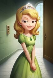 ai_generated amber bratty brown_eyes detailed detailed_background disney dress earrings female fusion_character green_dress princess_sofia smirk smug sofia_balthazar sofia_balthazar_x_princess_amber sofia_the_first tiara